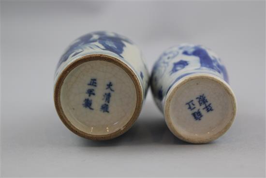 Two Chinese blue and white soft paste porcelain snuff bottles, 1820-1900, 7.5cm